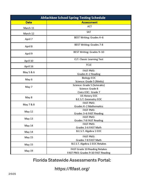 Spring Testing Schedules